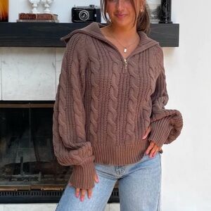 Grey Bandit Womens Quarter Zip Rust Cable Knit Sweater Size XS